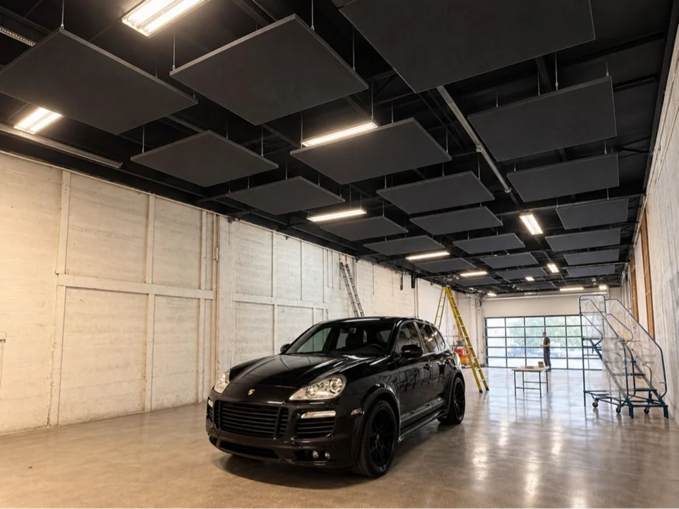 Interior concept showing a Porsche beneath suspended acoustic ceiling panels