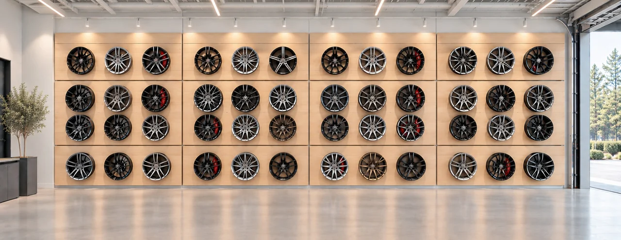 Proposed wheel display with four rows of performance wheels on warm wood panels